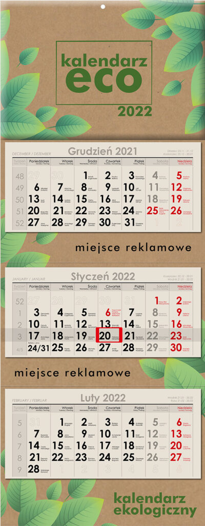 Kalendarz trójdzielny z własnym nadrukiem firmowym eko